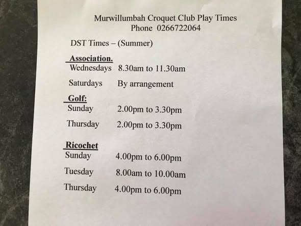 Murwillumbah Croquet Club playing times