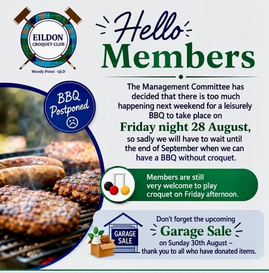 BBQ postponed and garage sale reminders for Eildon